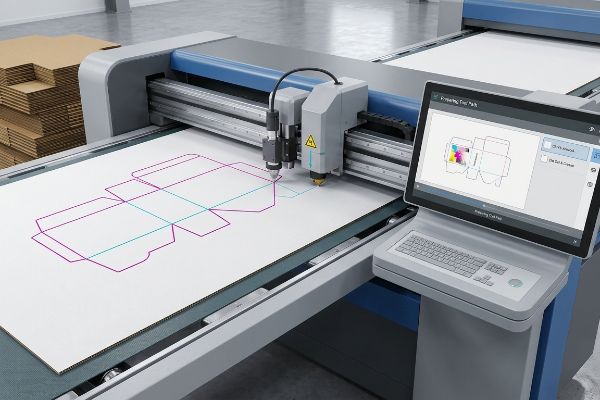 White corrugated board on a CNC cutting table, displaying a box dieline with magenta cut and cyan crease lines, alongside a monitor showing prepress software for the cut path.