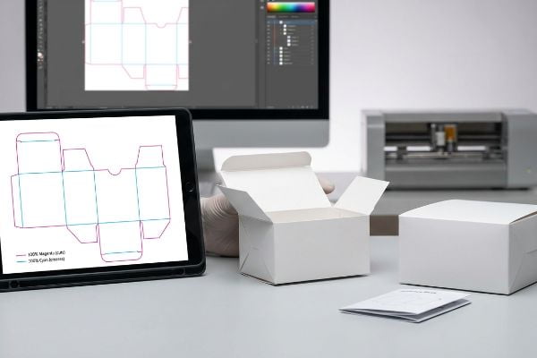 Tablet displays packaging dieline with 100% Magenta for Cuts and 100% Cyan for Creases, alongside physical white boxes and a cutting machine.