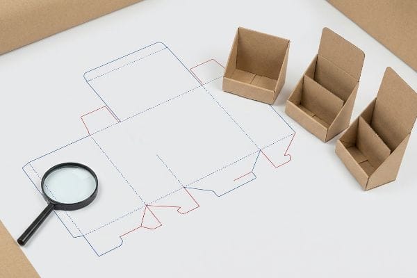 A magnifying glass rests on a white paper showing a detailed cardboard dieline template with blue and red score lines, next to three small brown retail display stands.