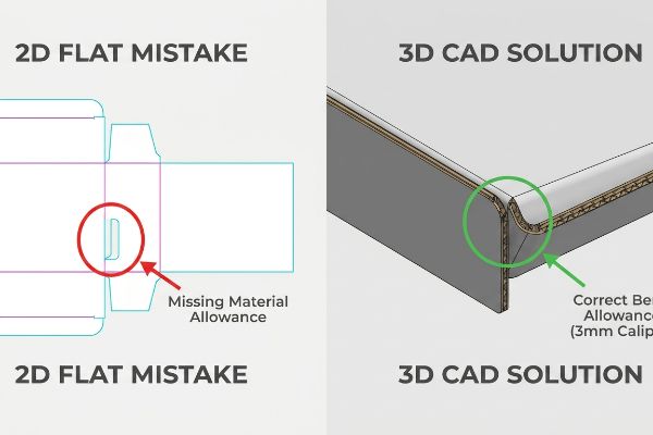 Corrugated packaging dieline showing a 2D Flat Mistake with Missing Material Allowance, contrasted with a 3D CAD Solution demonstrating Correct Bend Allowance (3mm Caliper).