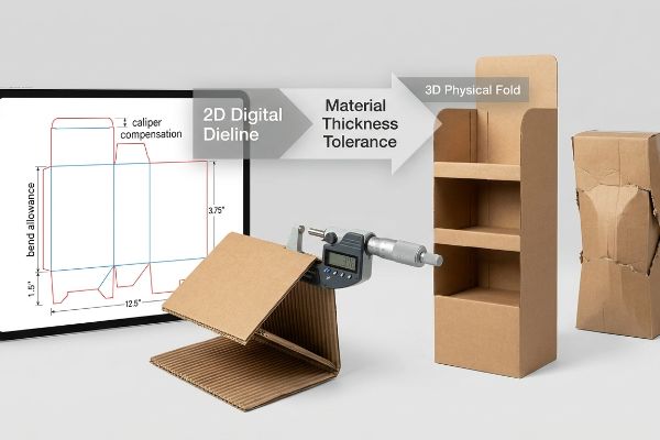 Corrugated board measured by a digital micrometer, showing the transition from a 2D Digital Dieline with Caliper Compensation and Bend Allowance to a perfect 3D Physical Fold for a product display, contrasting with a flawed assembly.