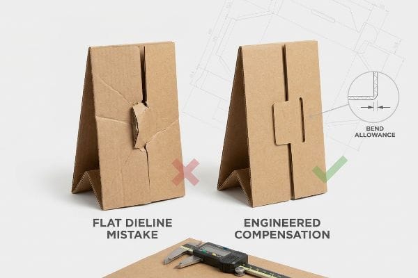 Corrugated cardboard displays show a Flat Dieline Mistake vs. Engineered Compensation, with a caliper and Bend Allowance diagram.