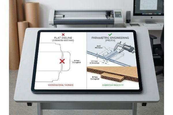 Tablet compares 'Flat Dieline' (Common Mistake) ignoring material thickness to 'Parametric Engineering' (Pro Fix) with B-Flute Corrugated bend allowance, ensuring smooth fit.