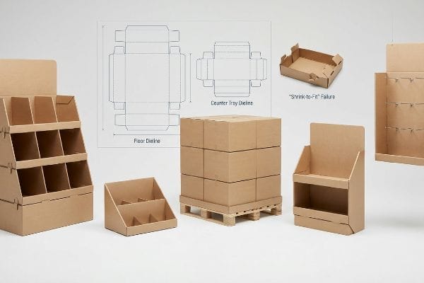 Présentoirs en carton pour sols, palettes et comptoirs, avec lignes de découpe pour sols, lignes de découpe pour plateaux de comptoir et un exemple de défaillance liée au « rétrécissement sur ajustement ».