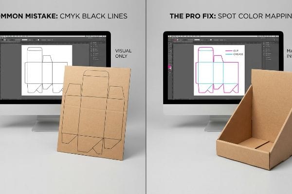 Cardboard dieline comparison: CMYK Black Lines (Visual Only) versus Spot Color Magenta Cut and Cyan Crease Lines for manufacturing.
