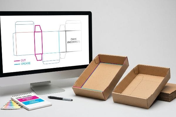 Dieline Spot Color Tooling A computer screen displays a dieline with Magenta Cut and Cyan Crease lines, Cmyk (Incorrect), beside two cardboard trays and a Spot Colors notepad.