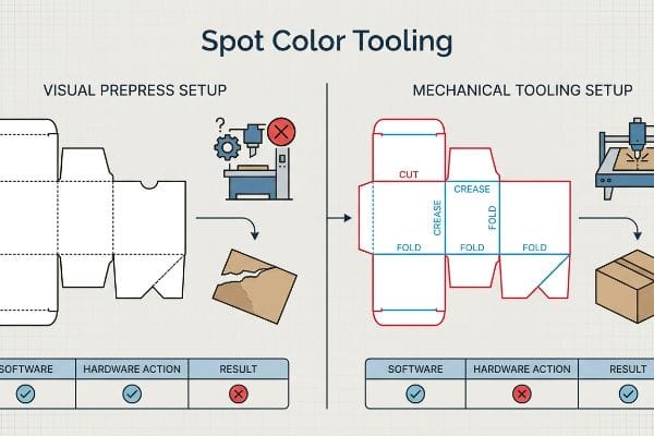 Spot Color Tooling comparison of failed Visual Prepress Setup producing torn cardboard versus successful Mechanical Tooling Setup with a precise dieline.