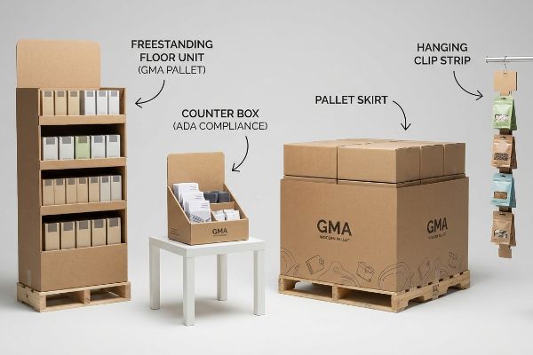 Corrugated cardboard GMA pop displays: a Freestanding Floor Unit, ADA Compliance Counter Box, Pallet Skirt, and Hanging Clip Strip.