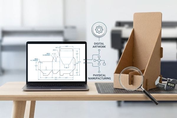 Cardboard display stand CAD blueprint on a laptop, showing Digital Artwork to Physical Manufacturing, with a corrugated stand, micrometer, and magnifying glass.