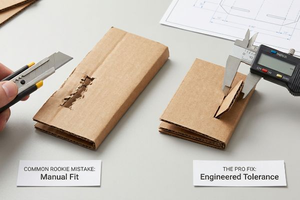 Corrugated cardboard shows 'Manual Fit' (knife-cut) vs. 'Engineered Tolerance' (caliper-measured) slots for pop display assembly.