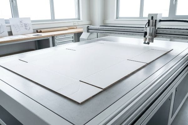 White corrugated cardboard on a CNC digital cutting table for rapid structural prototyping.
