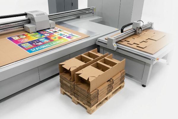 Automated production of custom cardboard displays: digital flatbed printer creates 'Seasonal Launch' graphic, cutting table shapes packaging.