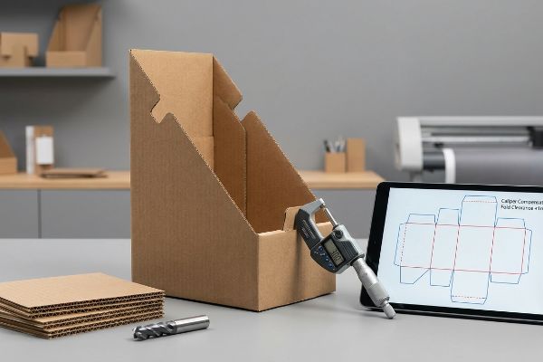 Digital micrometer measures corrugated board for Caliper Compensation on a POP display, with a tablet showing Fold Clearance dieline.