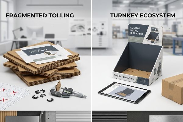Fragmented Tolling: corrugated sheets, Top Sheet, digital micrometer. Turnkey Ecosystem: Custom Retail Display Box, tablet CAD model.