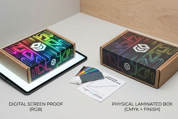 デジタルスクリーンプルーフ（RGB）ボックスと、物理的なラミネート加工ボックス（CMYK + 仕上げ）を比較。カラーサンプルとラミネート補正曲線付き。.