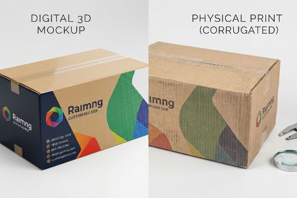Digital 3D mockup 'Raimng' branding contrasts with textured physical corrugated print, showing ink absorption.