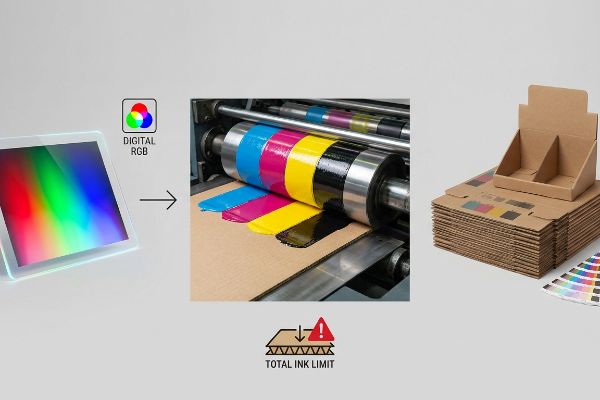 Digital RGB spectrum converts to CMYK inks on a press, showing 'Total Ink Limit' warning for cardboard packaging.