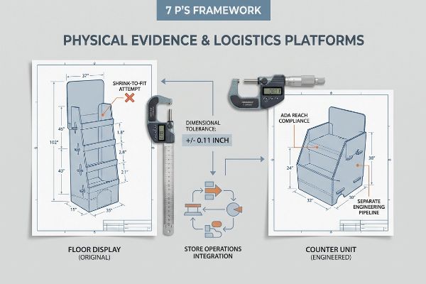 Blueprint diagrams show a floor display, a failed shrink-to-fit attempt, and an engineered ADA-compliant counter unit, with digital calipers measuring a +/- 0.11 inch dimensional tolerance for store operations integration.