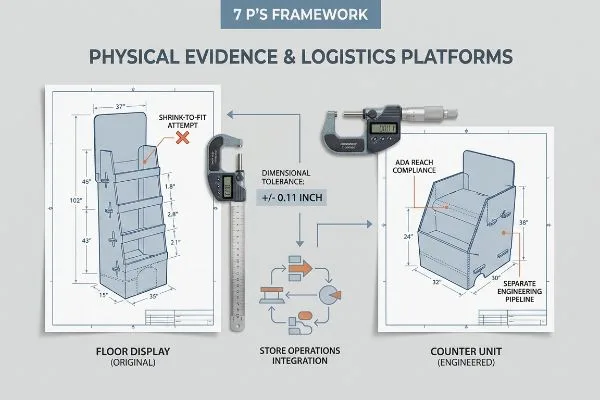 Blueprint diagrams show a floor display, a failed shrink-to-fit attempt, and an engineered ADA-compliant counter unit, with digital calipers measuring a +/- 0.11 inch dimensional tolerance for store operations integration.