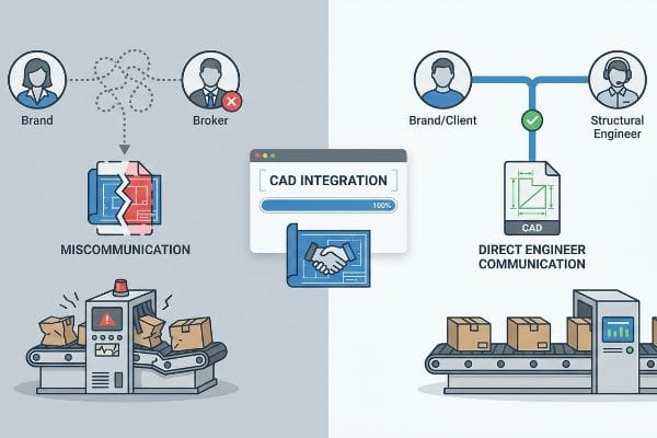 A diagram illustrates Miscommunication between Brand and Broker causing production jams, versus Direct Engineer Communication and CAD Integration for efficient manufacturing.