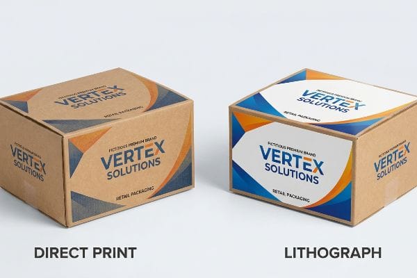 Direct Print vs Lithograph Brown corrugated boxes display Vertex Solutions retail packaging, comparing muted direct print to vibrant lithograph for superior brand color consistency.