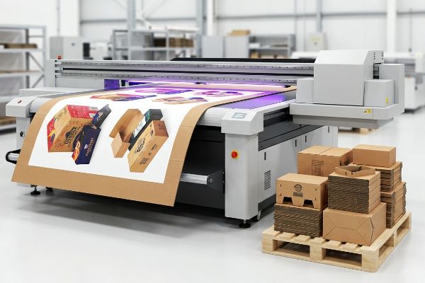 Corrugated cardboard with custom retail packaging graphics printed by a UV flatbed digital printer, demonstrating instant polymerization for agile production.