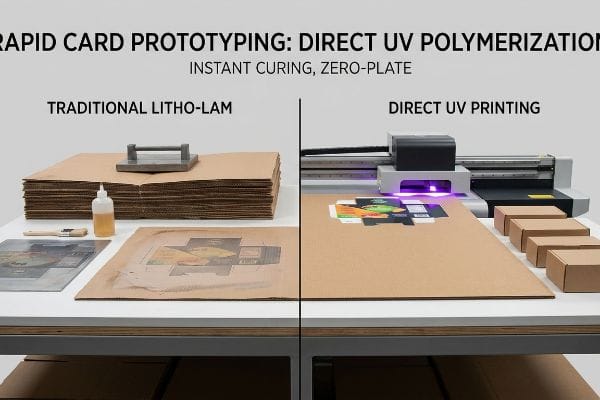 Comparación de prototipado UV directo Comparación entre la impresión tradicional Litho-Lam (pegamento húmedo, plancha) y la impresión UV directa (cama plana UV, curado instantáneo, sin plancha) para la creación rápida de prototipos de tarjetas.