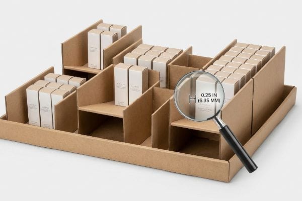 Corrugated cardboard display with modular dividers, showing product boxes and a magnifying glass highlighting 0.25 In (6.35 Mm) clearance.