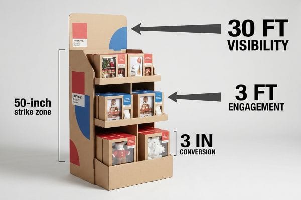 Pantone Seasonal Edition kraft cardboard display highlights 30-foot visibility, 3-foot engagement, and 3-inch conversion zones.