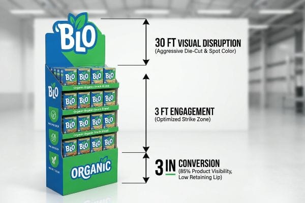 BIO Organic Snack Brand display, showing 30 Ft Visual Disruption, 3 Ft Engagement, 3 In Conversion.