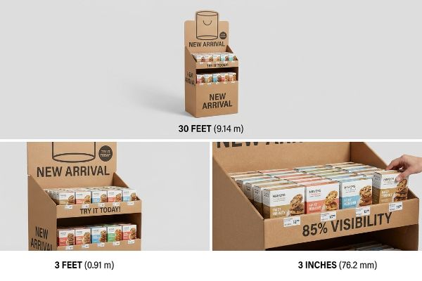 Brown corrugated cardboard retail display demonstrating the 3-3-3 spatial engagement rule, featuring 'New Arrival' products and 85% visibility on the front tray.