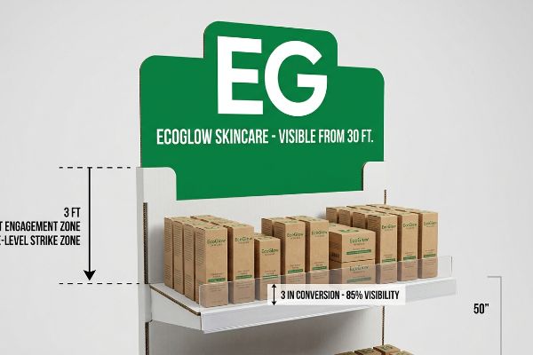 Cardboard Ecoglow Skincare display with a green 'EG' header, 'Visible From 30 Ft.'. It illustrates a '3 Ft Engagement Zone' and 'Eye-Level Strike Zone' at 50 inches, showing '3 In Conversion - 85% Visibility'.