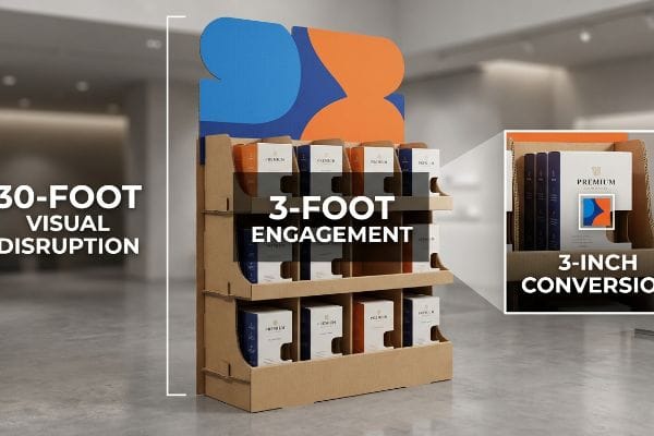 Retail Display 3-3-3 Rule Brown corrugated retail display with premium product boxes, demonstrating 30-Foot Visual Disruption, 3-Foot Engagement, and 3-Inch Conversion.