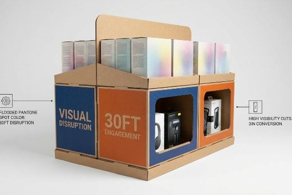 Corrugated display: blue, orange panels. 'Visual Disruption', '30ft Engagement'. Flooded Pantone spot color 30ft disruption, high visibility cuts 3in conversion.