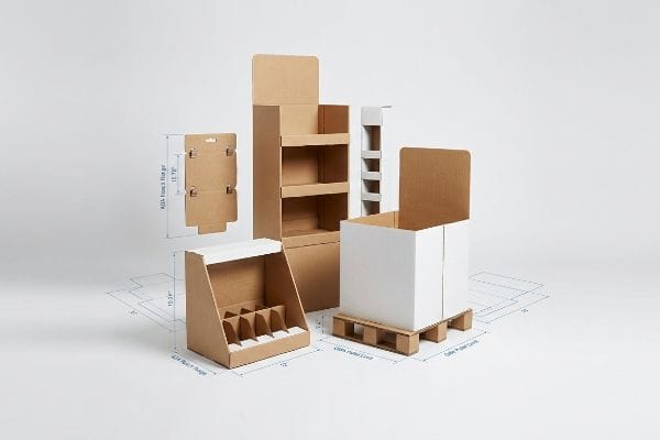 Présentoirs de vente au détail en carton kraft : présentoir sur pied, présentoir de comptoir, présentoir à palettes, présentoir suspendu, avec portée avant conforme aux normes ADA et dimensions limites de palettes GMA.