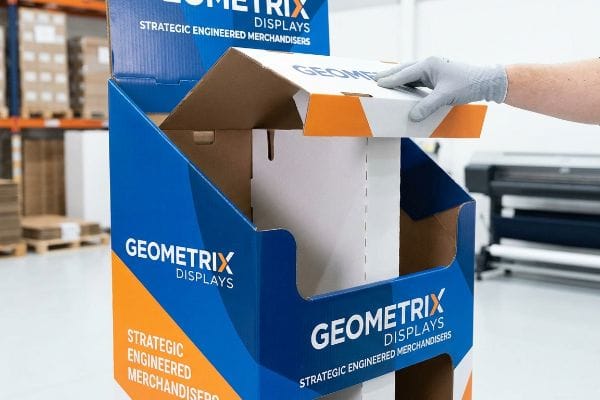 Retail Display Assembly A gloved hand assembles a Geometrix Displays cardboard retail merchandiser, featuring 'Strategic Engineered Merchandisers' branding.