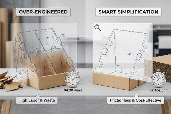 Cardboard display designs illustrate the contrast between an Over-Engineered assembly (04:30s/unit, High Labor & Waste) and a Smart Simplification (02:45s/unit, Frictionless & Cost-Effective).