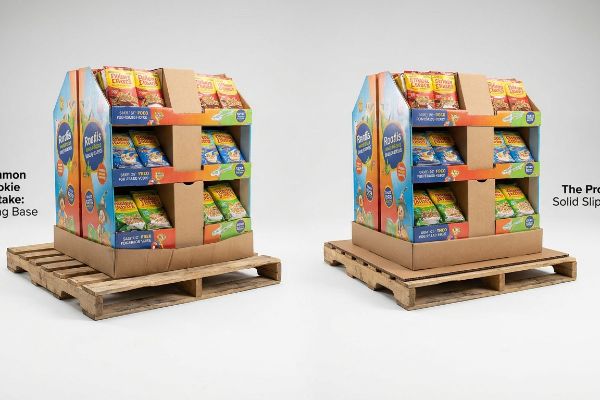 Corrugated Rootis displays on pallets. Left: sagging base. Right: solid slip sheet prevents sag. Features Cookie Crunch.