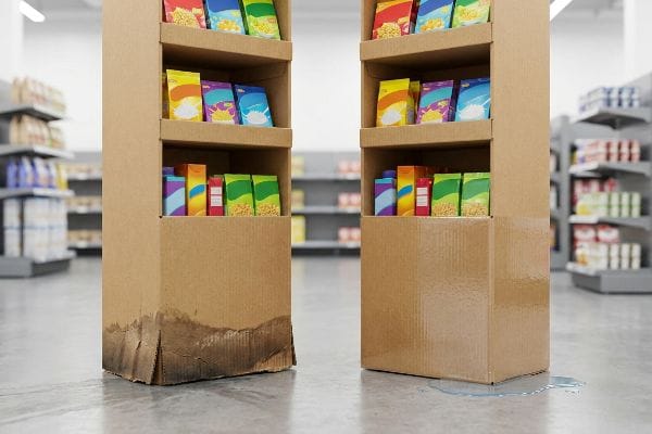 Brown corrugated cardboard display with severe water damage and delamination at its base, contrasting with a clean retail promotional unit.