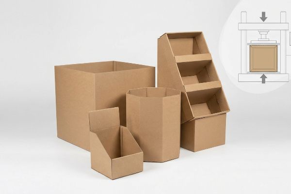 Brown corrugated retail display bins: square, octagonal, multi-tiered, and countertop impulse, demonstrating a compression test.