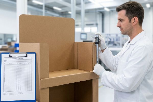 A quality control technician in a lab coat precisely measures a brown cardboard display unit with a digital caliper, ensuring structural integrity, next to a Quality Assurance Chart.
