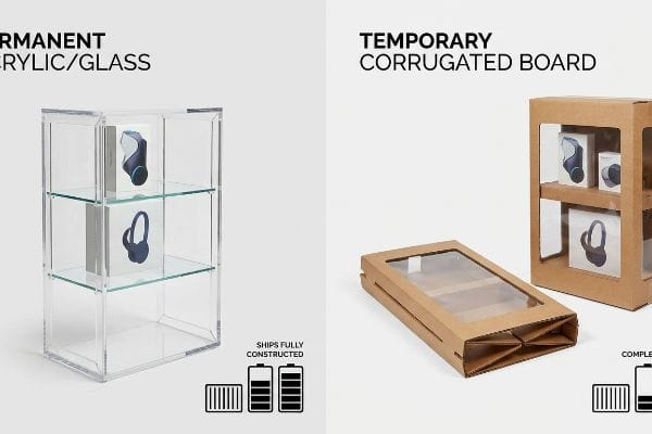 Permanent Acrylic/Glass display case, fully constructed, contrasted with a flat-packed Temporary Corrugated Board display.