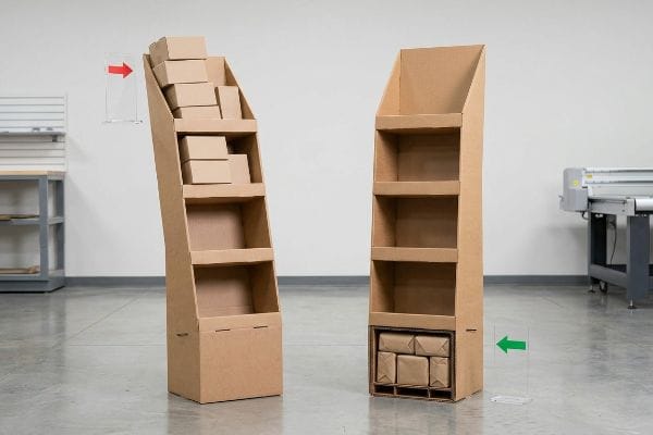Expositores com piso ondulado: estrutura com o centro de gravidade alto (seta vermelha) versus estrutura estável com fundo falso (seta verde), mostrando o centro de gravidade.