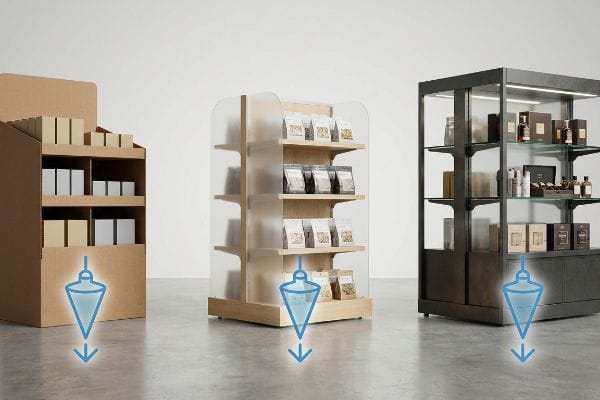 Corrugated, wooden, and metal retail displays, each with a blue plumb bob icon illustrating the center of mass for stability.