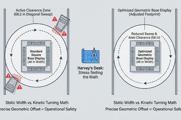 Diagrams compare a standard 48-inch square display's 68.2-inch active clearance zone to an optimized geometric display's 58-inch reduced aisle clearance, demonstrating kinetic turning math.