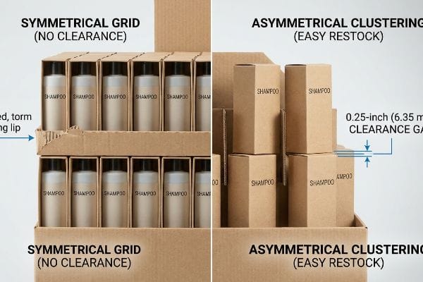 Corrugated display compares symmetrical shampoo grid (no clearance) to asymmetrical clustering with 0.25-inch clearance gap.