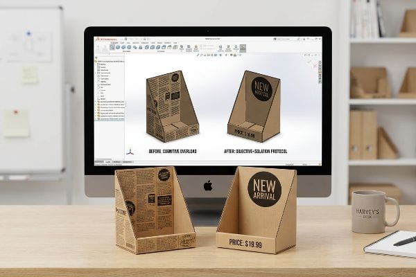 Cardboard retail displays demonstrating 'Cognitive Overload' versus 'Objective-Isolation Protocol' with 'New Arrival' and 'Price: $19.99'.