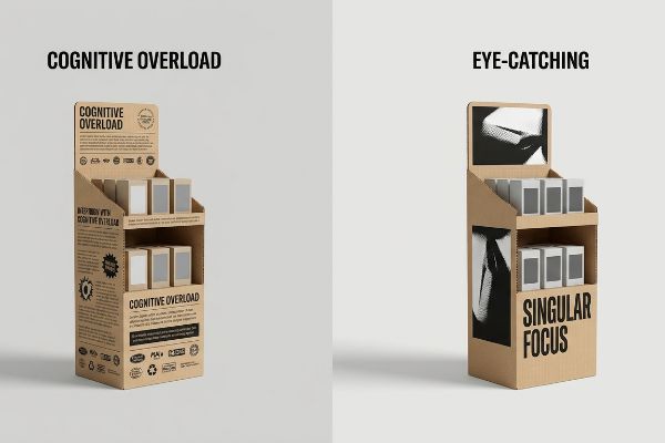 Cardboard retail displays contrasting a 'Cognitive Overload' unit with excessive text and icons, against an 'Eye-Catching' unit featuring 'Singular Focus' and bold graphics.