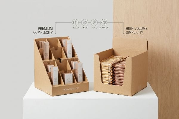 Des présentoirs en carton ondulé brun contrastent la complexité du haut de gamme et la simplicité du volume élevé, présentant un présentoir de produits cosmétiques à plusieurs niveaux et une simple boîte de barres chocolatées, illustrant les 4 P du produit : prix, distribution et promotion.