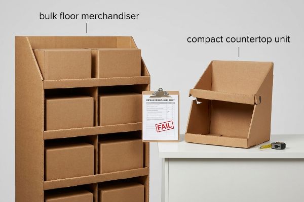 Corrugated bulk floor merchandiser and compact countertop unit with a clipboard showing 